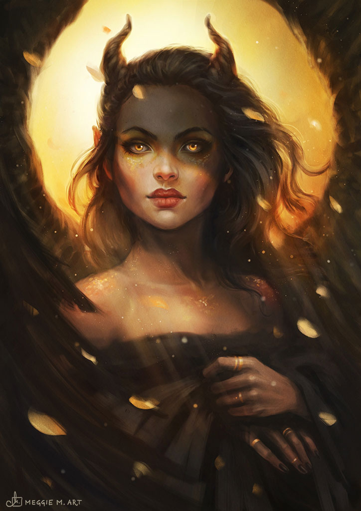 A dark-haired woman with curved horns and golden eyes, lit by warm amber light.