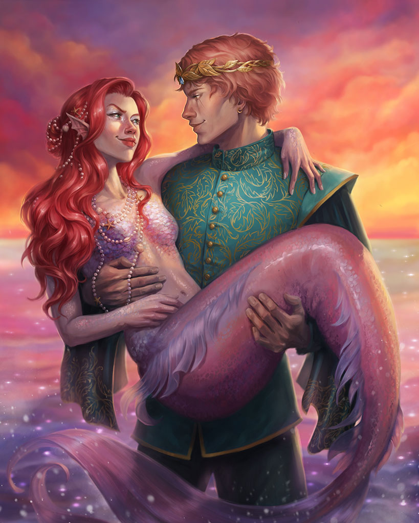 A young man carrying a mermaid against a warm, sunset-colored sea.