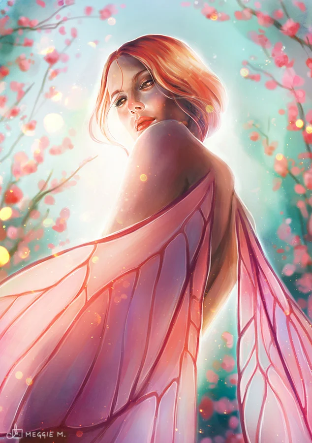 A fairy figure among delicate botanical shapes and spring color.