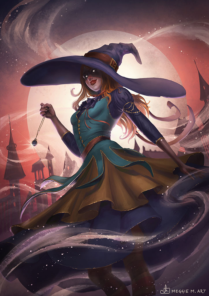 Artwork with witch on full moon background, holding clock in hand