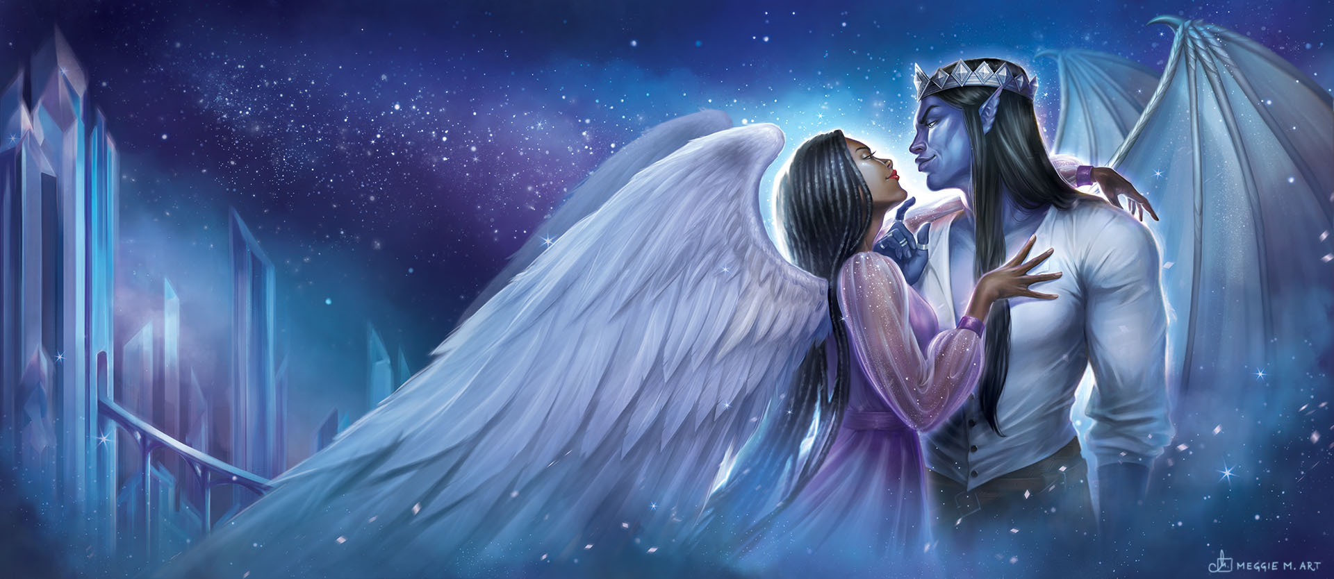 illustration for book cover Barbarian of the starts. Angels in romantic pose looking at each other in magic sparkling background