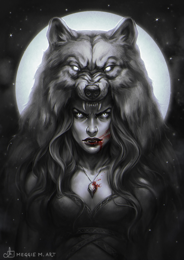 fantasy girl shaman with wolf head